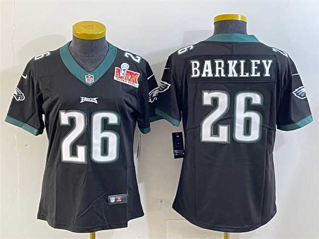 Womens Philadelphia Eagles #26 Saquon Barkley Black 2025 Super Bowl LIX Patch Vapor Untouchable Limited Stitched Jersey Dzhi